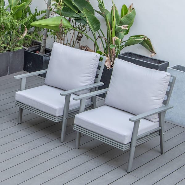 Leisuremod Walbrooke Modern Grey Outdoor Arm Chair with Powder Coated Aluminum Frame and Removable Cushions in Light Grey Set of 2