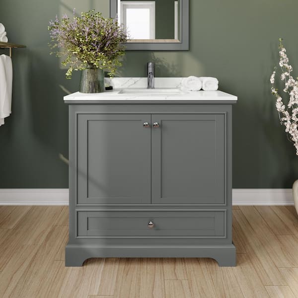 Wyndham Collection Deborah 36 in. W x 22 in. D x 35 in. H Single Bath Vanity in Dark Gray with Giotto Quartz Top and 24 in. Mirror