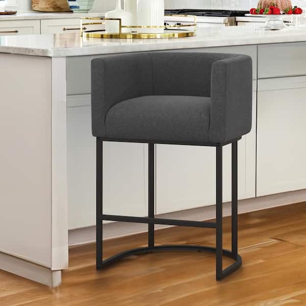 LUE BONA Jessica 26 in.Dark Gray Modern Counter Bar Stool Fabric Upholstered Barrel Counter Stool with Metal Frame