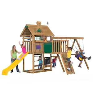 All Pro Bronze Wood Playset With Adventure Tunnel, Chalk Board, Slide, Swings and Rings