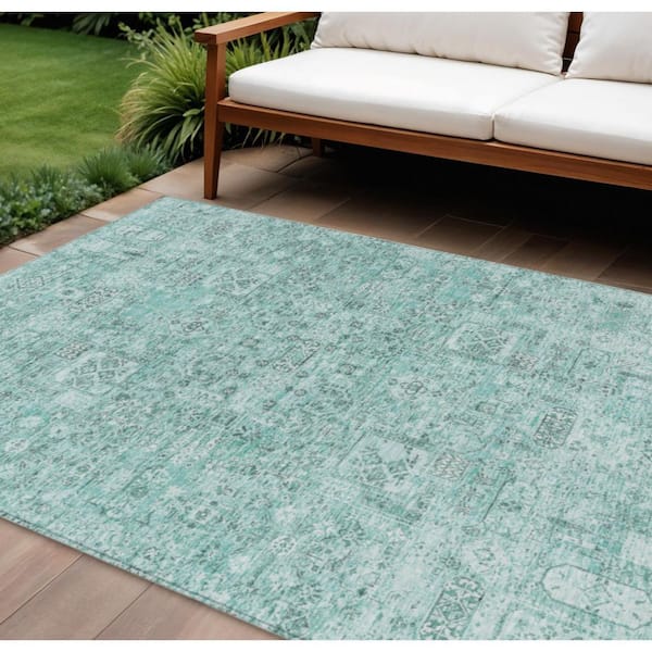Teal Blue, Aqua, Gray 9 ft. x 12 ft. Woven Floral Polyester Rectangle Indoor/Outdoor Area Rug