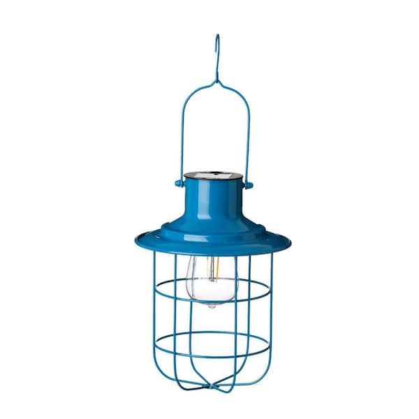 Glitzhome 9.75 in. H Blue Metal Wire Solar Powered Outdoor Hanging Lantern