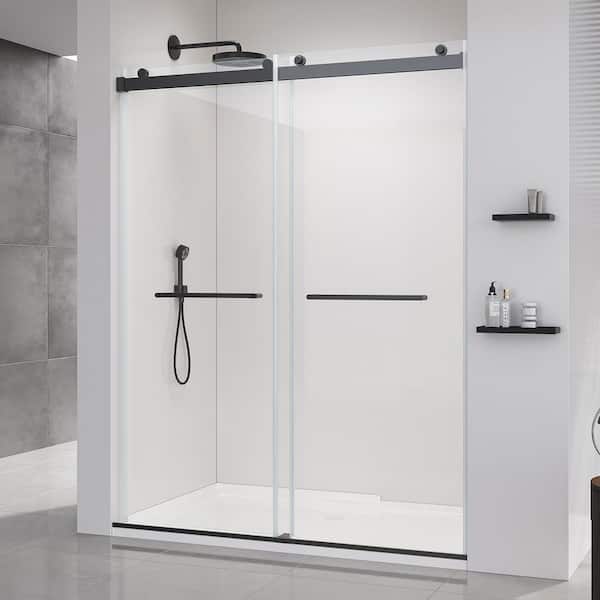 60 in. W x 76 in. H Double Sliding Frameless Soft Close Shower Door in Matte Black with 3/8 in. Clear Tempered Glass