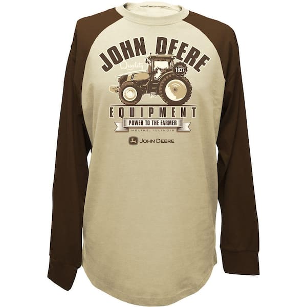 John Deere Men's Raglan Baseball Style Long Sleeve Tee Shirt in Brown with Tonal Tractor Screen Print - Large