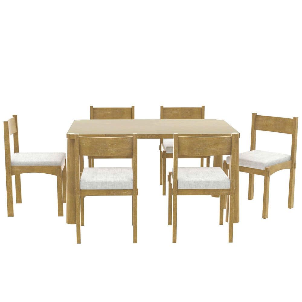 7-Piece Natural Wood Outdoor Dining Set, with Gray Cushion, Wood