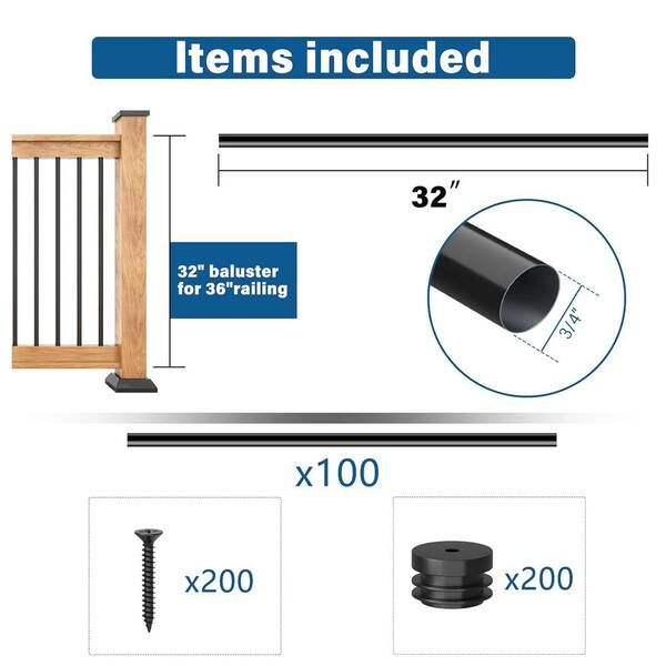 4-Pack 29" Aluminum Deck Balusters – 3/4" Diameter Black Hollow Round Spindles With Bit For Stair & Porch Railings