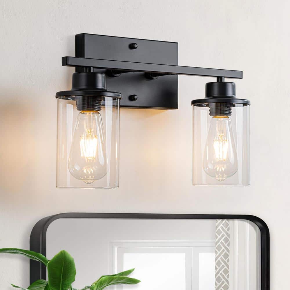 14.61 in. 2 Lights Black Bathroom Vanity Light with Cylinder Glass Shade fo