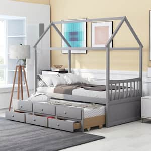 Gray Twin Size Wooden House Bed with Trundle and 3-Storage Drawers