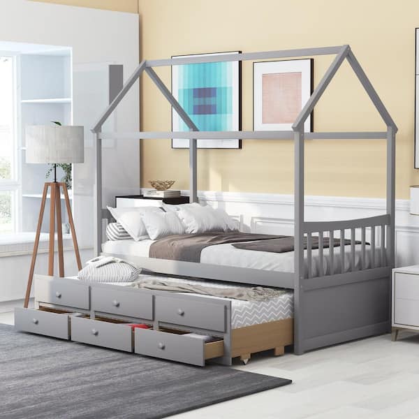 GODEER Gray Twin Size Wooden House Bed with Trundle and 3-Storage ...