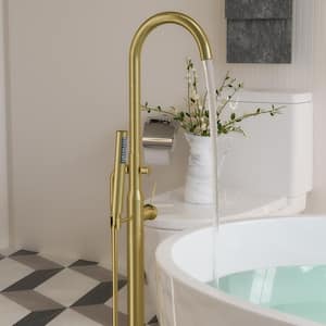 1-Handle Freestanding Floor Mount Roman Tub Faucet Bathtub Filler with Hand Shower in Brushed Gold