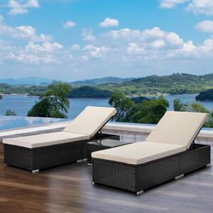 Brown 3-Piece Wicker Outdoor Chaise Lounge Set with Functional Side Table, Reclining Backrest and Beige Cushions