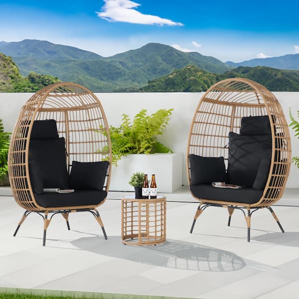 SANSTAR 3-Piece Patio Wicker Egg Chair Outdoor Bistro Set with Side Table, with Black Cushion