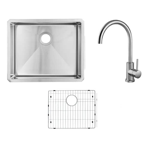 23 in. Handmade Tiny Radius Undermount Single Bowl 16-Gauge Stainless Steel Kitchen Sink with Single Handle Bar Faucet