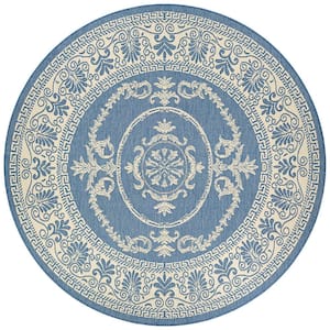 Recife Antique Medallion Champagne-Blue 8 ft. x 8 ft. Round Indoor/Outdoor Area Rug