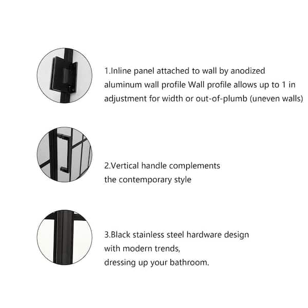 ANGELES HOME 34 in. W x 72 in. H Pivot Frameless Shower Door in Matte Black with Pattern Glass