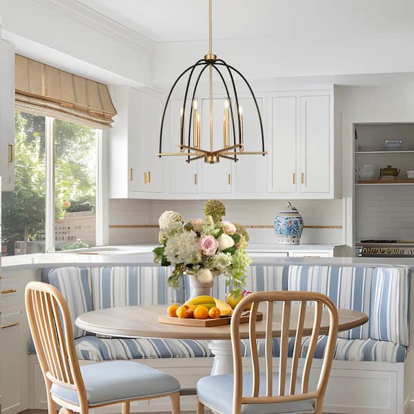 Modern Farmhouse 23.6 in. W 6-Lights Black and Gold Caged Chandelier, Bell Pendant Lighting Kitchen Island, Dining Room