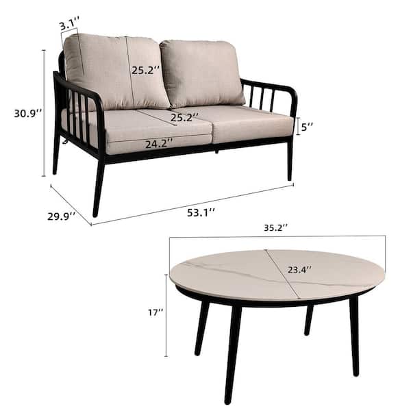 Unbranded 2-Piece Ember Black Aluminum Patio Conversation Set with Beige Cushions, Coffee Table with White Marble-Look Stone Top