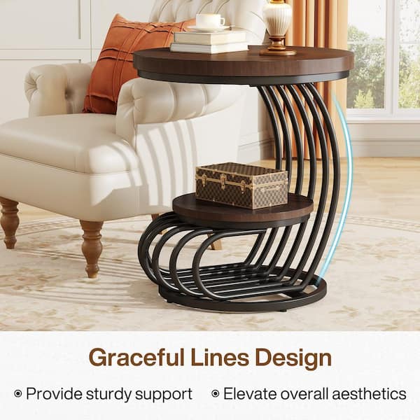 19.68 in. Width Brown Wood and Metal C-Shape End Table, 2 Tiers Round Side Table Living Room Bedroom