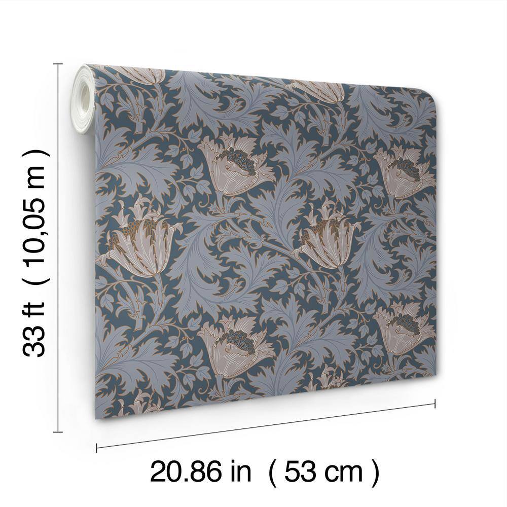 Dark Blue Floral Anemone Non-Woven Wallpaper Roll