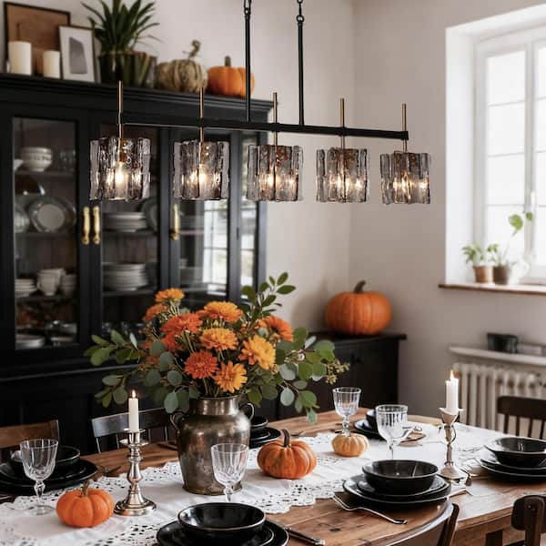 Echonalyri Modern 5-Light Glam 35.4 in. W Black and Brass Island Chandelier with Geometric Gray Textured Glass Shades