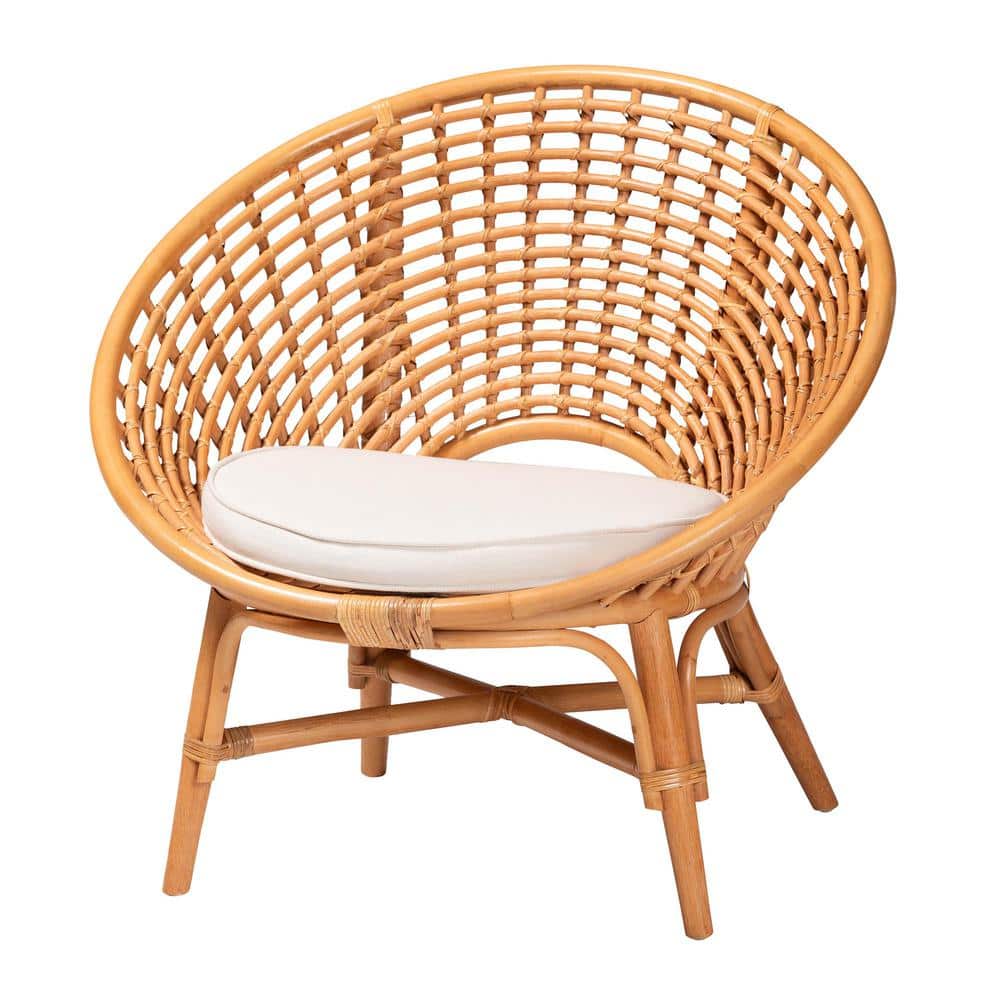 Handcrafted Natural Rattan Bohemian Accent Chair with White Cushion