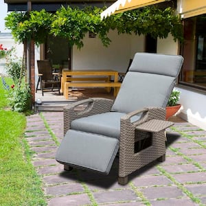 Wicker Outdoor Chaise Lounge with Gray Cushions Flip Table Push Back Adjustable Angle Reclining Chair (1 Set)