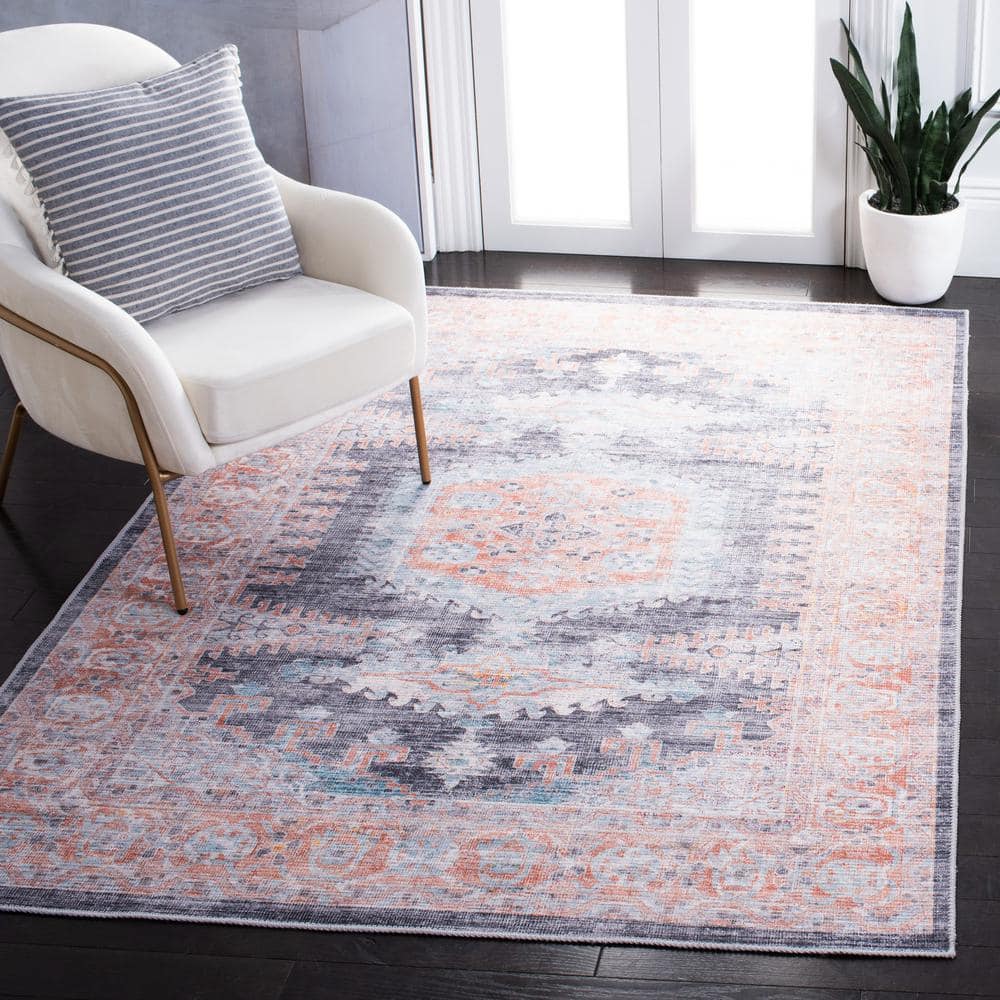 Serapi Blue and Terracotta Synthetic Chenille 4' x 6' Washable Rug