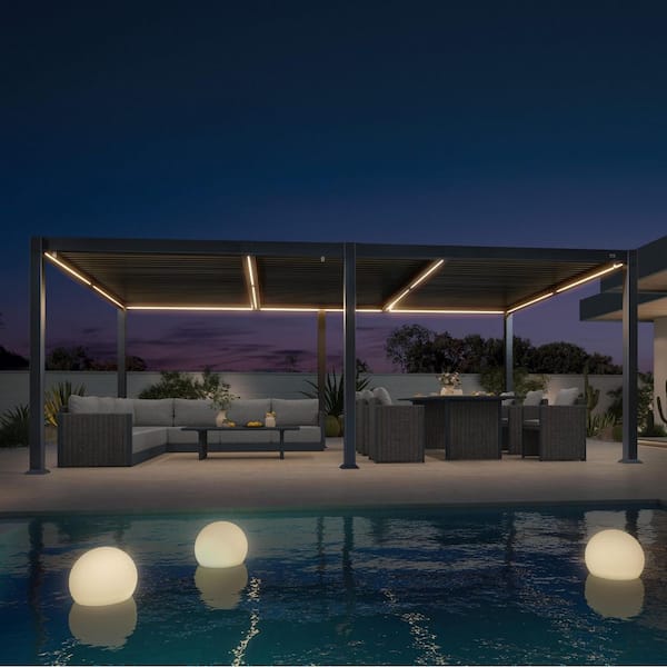 11.7 ft. x 21.2 ft. Gray Aluminum Outdoor Louvered Pergola with 3-Individual Adjustable Sunshade Roofs and LED Lights