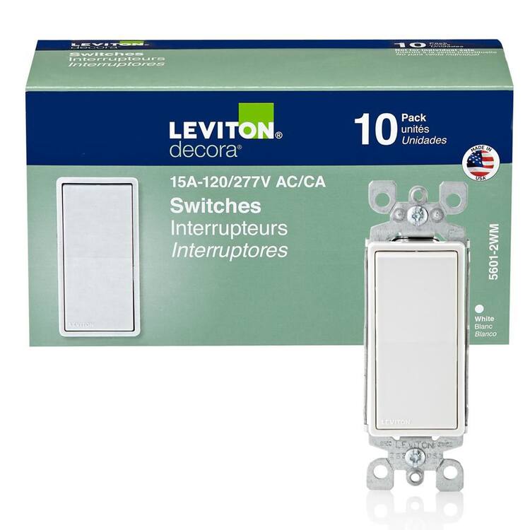 Leviton Decora 15 Amp Single Pole Rocker AC Quiet Light Switch, White (10-Pack)