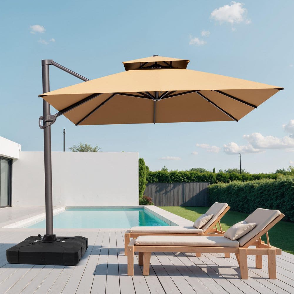 Crestlive Products 13 ft. x 10 ft. Patio Cantilever Umbrella w/ 320 lb. Wheeled Base Double Top Outdoor Offset Shade Umbrella in Tan Brown CL-UWB4608TAN-1