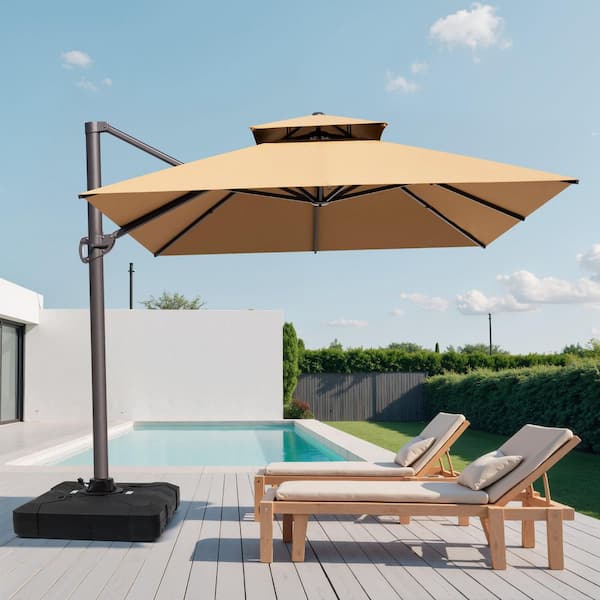 Crestlive Products 12.5 ft. x 10 ft. Double 360 ° Rotation Rectangular Cantilever Patio Umbrella in Tan with 220 lbs. Base Stand