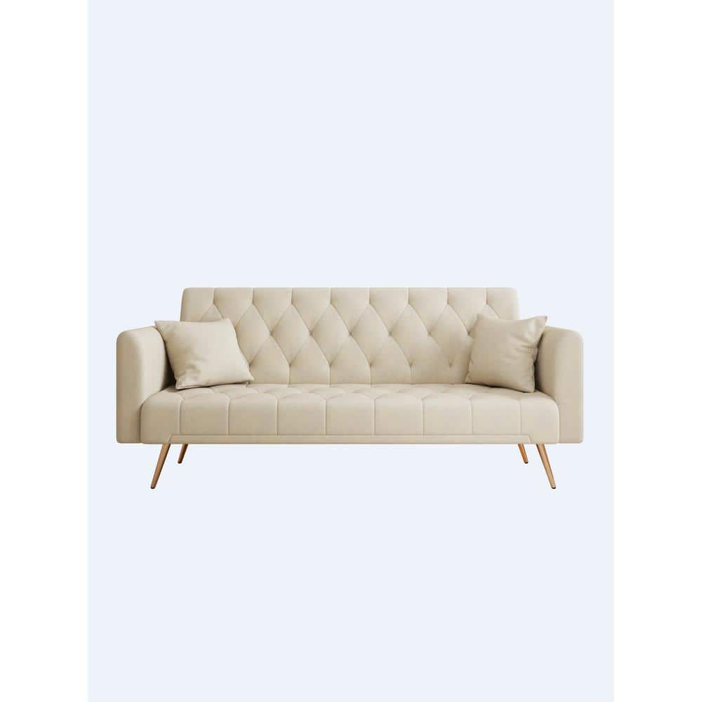 Z-joyee 71 in. Round Arm Beige Convertible Twin Size Velvet