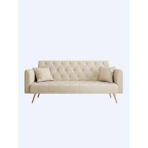71 in. Round Arm Beige Convertible Twin Size Velvet Sofa Bed