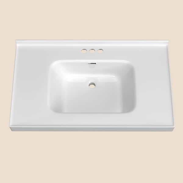 37 in. D x 22 in. W Solid Surface White Rectangular Single Sink Bathroom Vanity Top in White with 1.38 in. H Backsplash