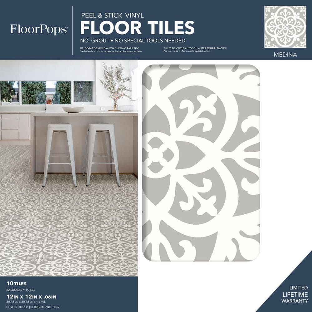 Gray and White Vinyl Peel and Stick Floor Tiles Pack of 10