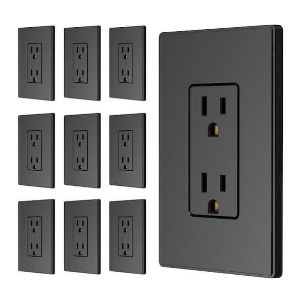 ELEGRP Decorator 15 Amp 125-Volt Residential Grade Self Grounding Duplex Outlet, with Wall Plate, Matt Black (10-Pack)