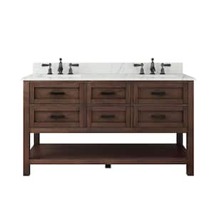 Tolbrook 60 in. W x 22 in. D x 35 in. H Double Sink Bath Vanity in Brown Oak with White Engineered Carrara Stone Top