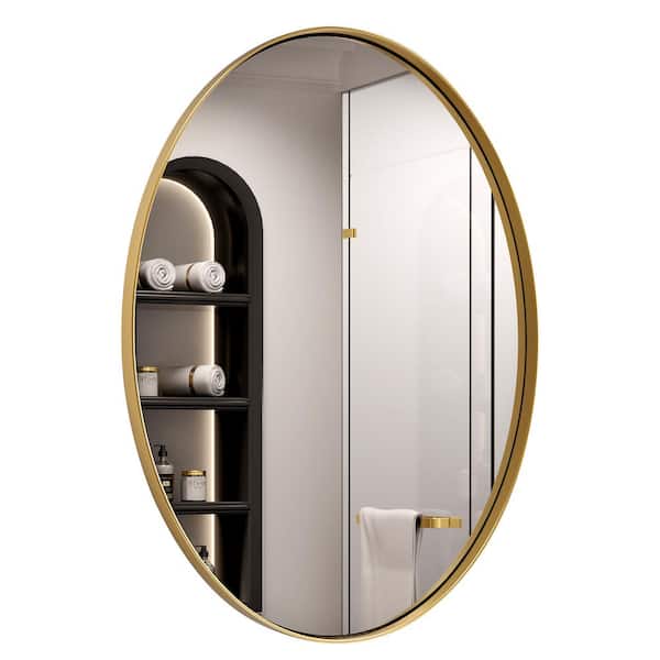 PRIMEPLUS 22 in. W x 30 in. H Medium Oval Stainless Steel Mirror Bathroom Mirror Vanity Mirror Decorative Mirror in Brushed Gold