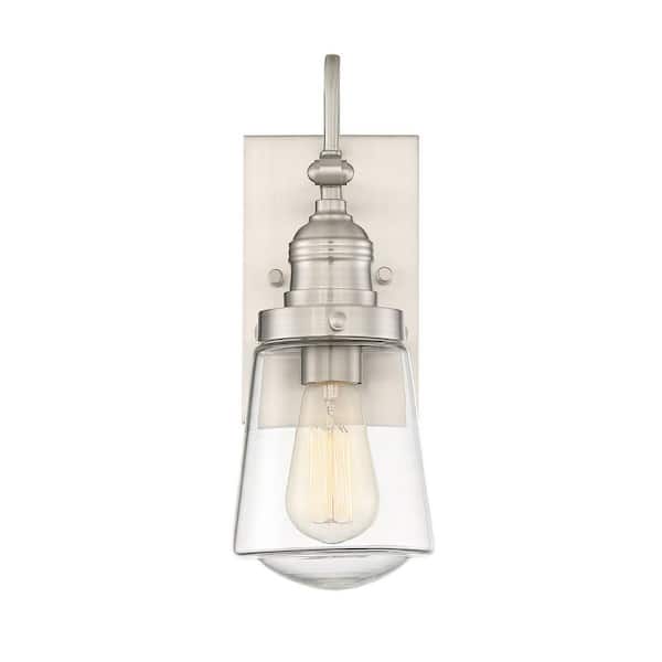 Savoy House Macauley 7.5 in. W x 20.75 in. H 1-Light Satin Nickel Hardwired Outdoor Wall Lantern Sconce with Clear Glass Shade
