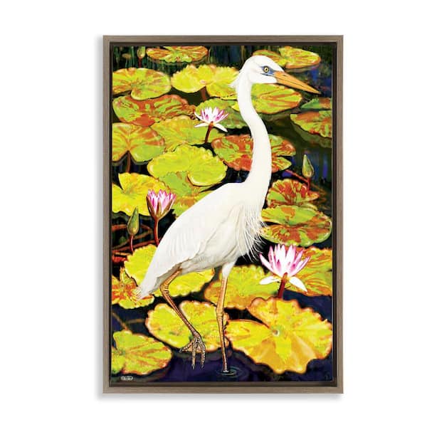 Stupell Industries Stepping Bird on Lily Pads by Rosiland Solomon Brown Floater Frame Animal Graphic Art Print 25 in. x 17 in.