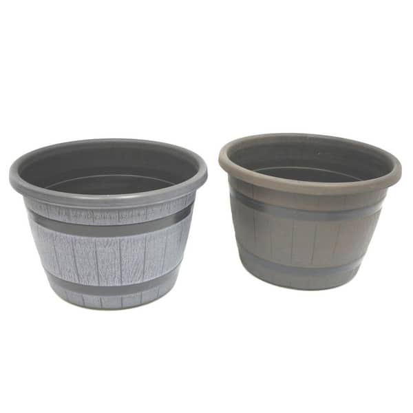 Unbranded 12 in. x 8 in. Assorted Plastic Rain Barrel Round Planter (2-Pack)