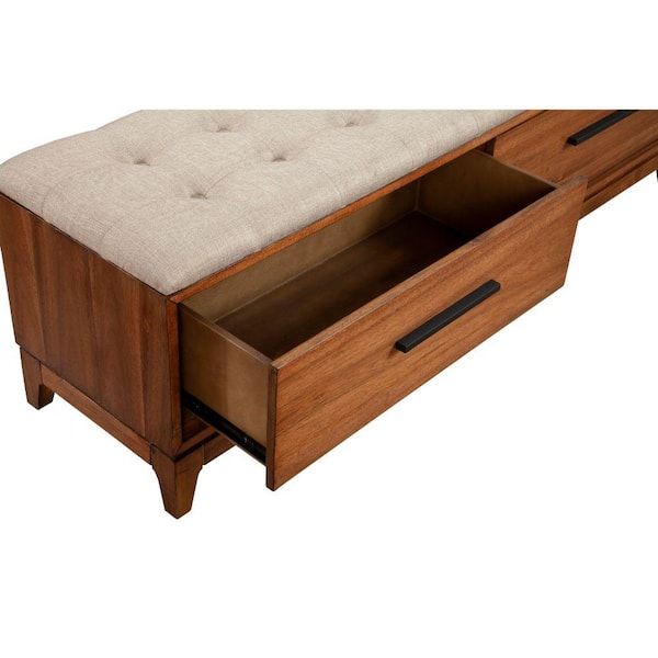 46 Mid Century Storage Bench with Cushion , Acorn/Tan