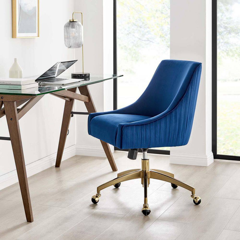 Navy Velvet and Gold Swivel Office Chair with Wood Accents