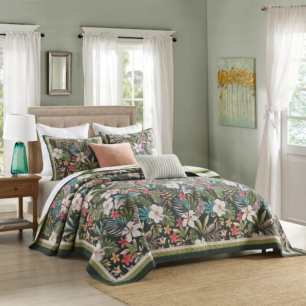 BY223 3-Piece Green Tropical Leaf and Flower King Size Polyester Quilt Bedspread Set
