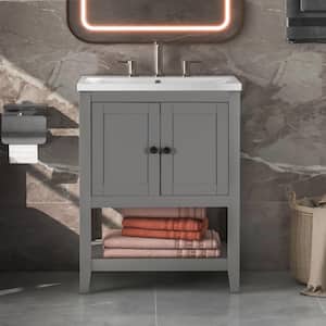 24 in. W x 17.8 in D. x 33.6 in. H Gray Modern Bathroom Vanity Elegant Ceramic Sink with Solid Wood Frame and Open Shelf