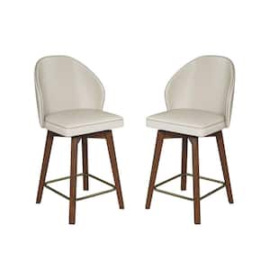 Lothar Mid-Century Modern Leather Swivel Stool Set of 2 with Solid Wood Legs-Ivory