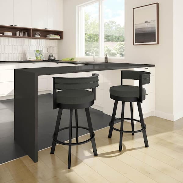 Nathan James Dahlia 26 in. Mid-Century Modern Black Metal Counter Height  Bar Stool with Low Back, and Light Gray Fabric Seat Cushions 21605 - The  Home Depot