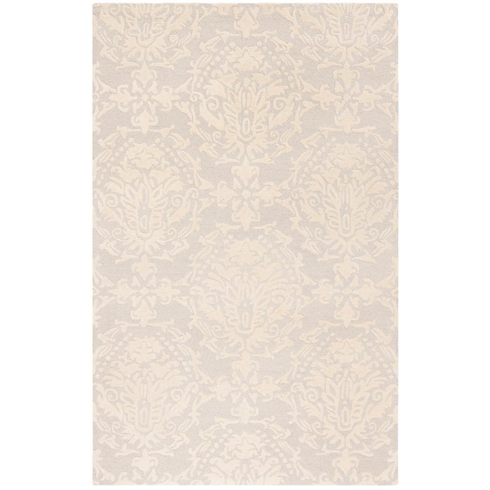 Light Grey and Ivory Floral Wool Tufted Area Rug 5' x 8'