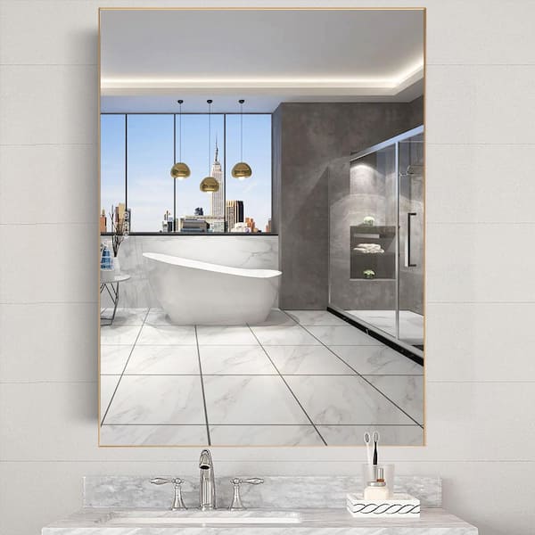 Andrea 48 in. W x 36 in. H Large Rectangular Metal Framed Dimmable AntiFog Wall Mount LED Bathroom Vanity Mirror in Gold