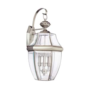 Lancaster 3-Light Antique Brushed Nickel Outdoor 23 in. Wall Lantern Sconce with Dimmable Candelabra LED Bulb